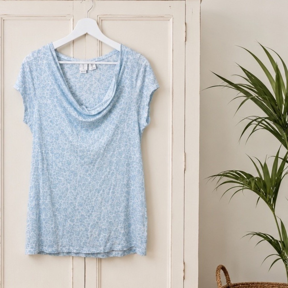 Joie 100% Linen Top Blue White Print Cowl Neck Lightweight Coastal Resort Sz M